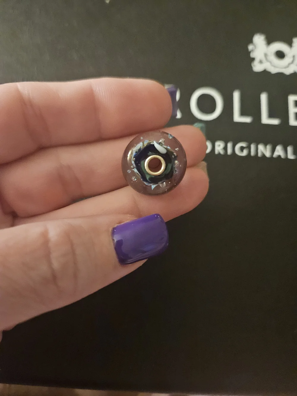 Trollbeads Glass Mosaic Bead in Blue, Gold & Black Unique JUMBO bead